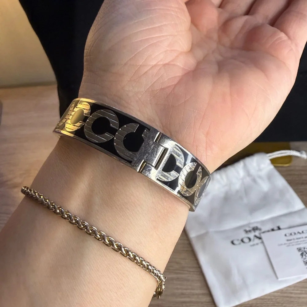 Coach Bundle-Coach Signature Hinged Bracelet Black Silver Tone Enamel plus tote - Picture 3 of 7